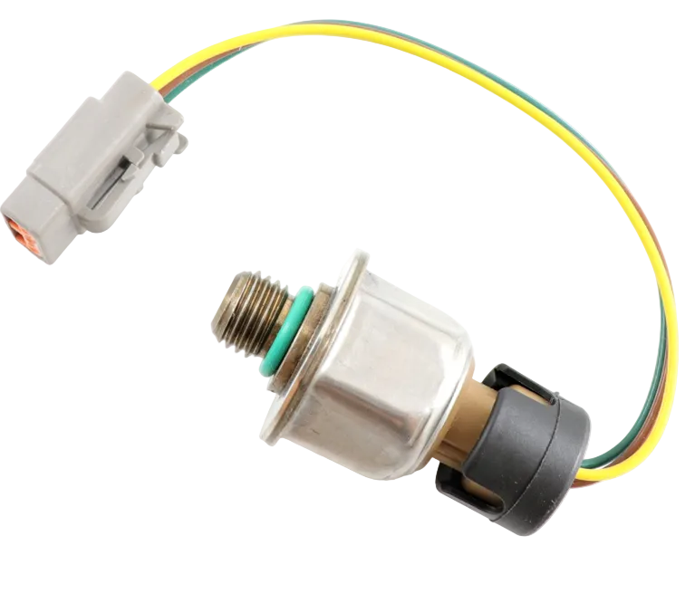 ATP 1845536C91 injection control pressure sensor featuring a threaded brass port with green O-ring, wiring harness, and grey connector on a plain background