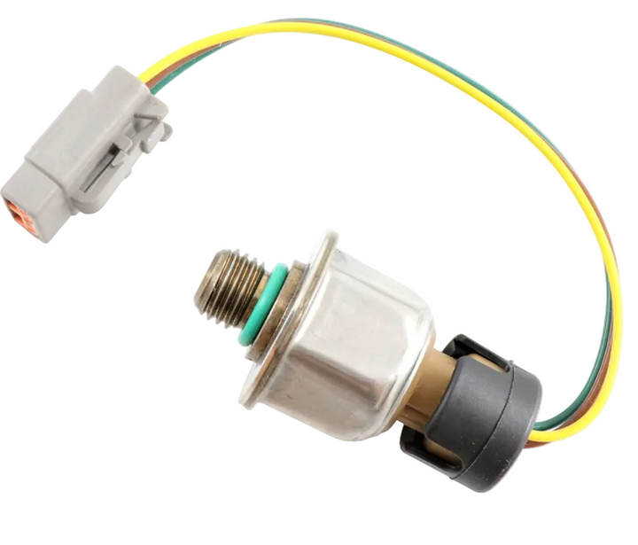 ATP 1845536C91 injection control pressure sensor featuring a threaded brass port with green O-ring, wiring harness, and grey connector on a plain background