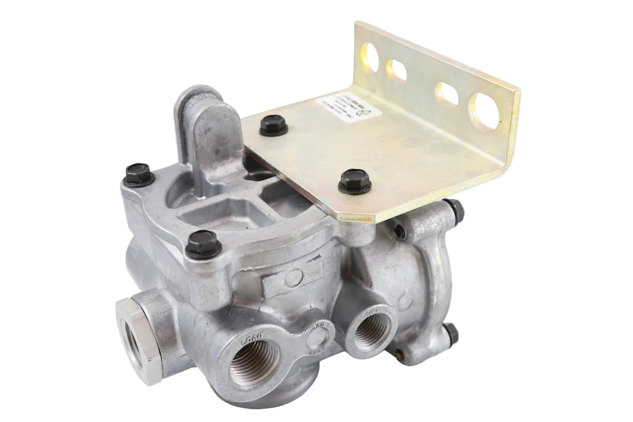 Advance Truck Parts USA 19516-111 Freightliner Paccar lift axle control valve featuring a cast aluminum body and mounting bracket on a plain background