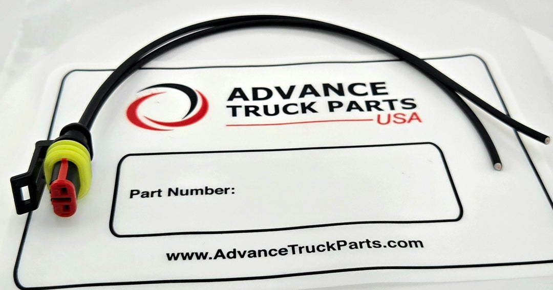 Advance Truck Parts USA 2-pin relay pigtail connector displaying the full wiring harness with two black wire leads and the terminal assembly