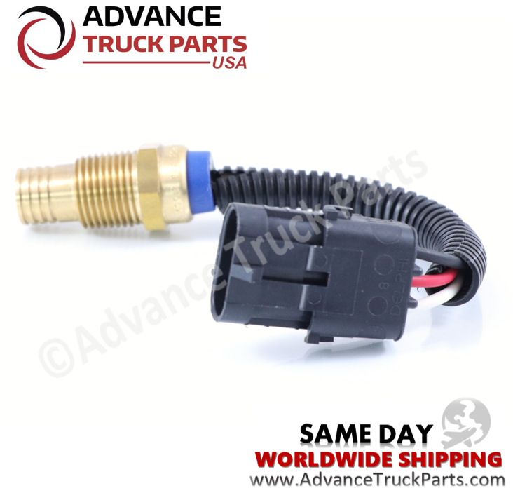 Advance Truck Parts USA branded studio horizontal perspective showcasing the heavy-duty dual thermal switch highlighting the threaded NPT fitting, blue seal collar, and wired connector