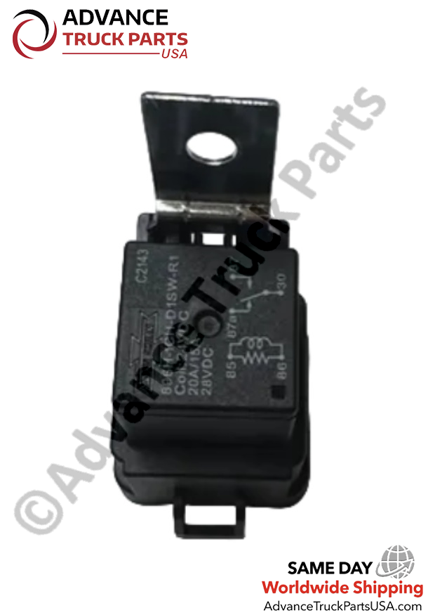 Advance Truck Parts USA studio top view highlighting the printed wiring schematic, manufacturer details, and 24VDC specifications on the relay casing