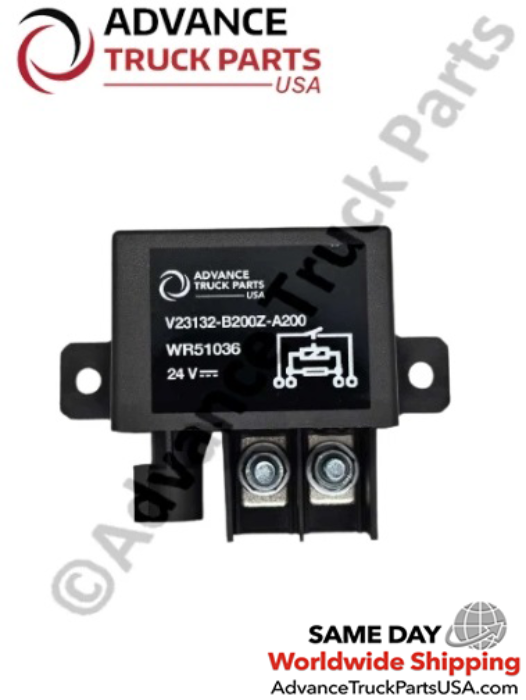 Advance Truck Parts USA 24V power relay close-up view displaying the wiring schematic and part number label on a branded background