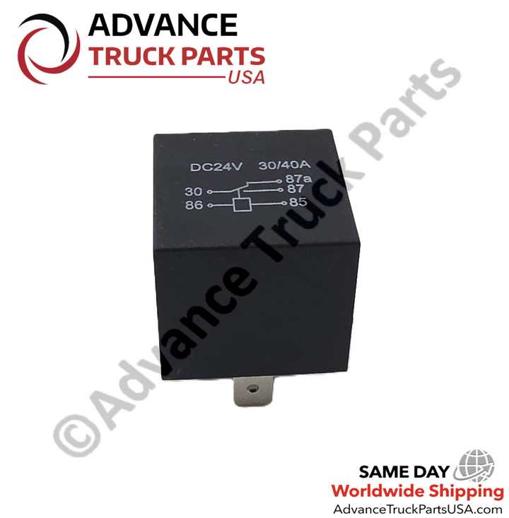 Advance Truck Parts USA Side profile view of the sealed 24V 30/40A changeover automotive relay