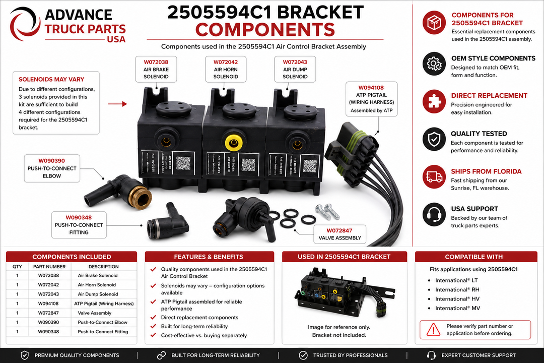Advance Truck Parts USA infographic detailing components used in the 2505594C1 air control bracket assembly, including solenoids, fittings, and pigtail harness