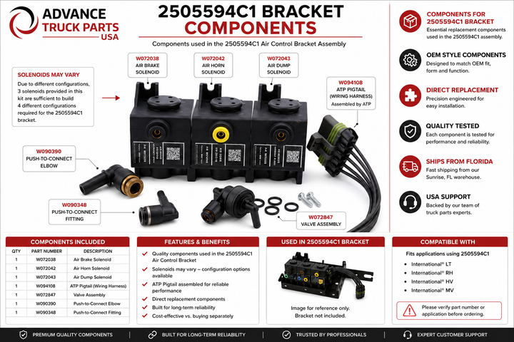 Advance Truck Parts USA infographic detailing components used in the 2505594C1 air control bracket assembly, including solenoids, fittings, and pigtail harness