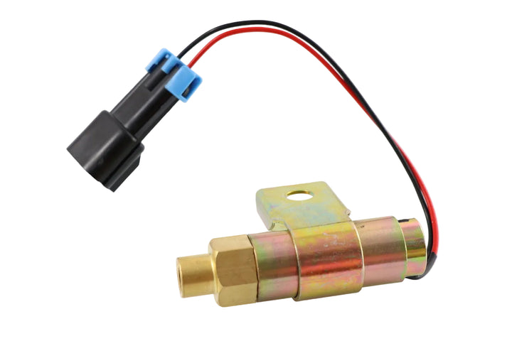 Advance Truck Parts USA 25154436 fan clutch solenoid valve for Mack and Volvo heavy-duty trucks featuring a mounting bracket, brass body, and wired connector on a plain background