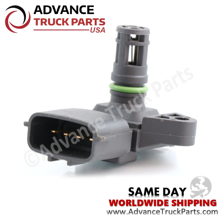Advance Truck Parts USA 4921850 Cummins air pressure and temperature sensor displaying an angled studio perspective of the sensor housing, O-ring seal, and connector pins on a branded background