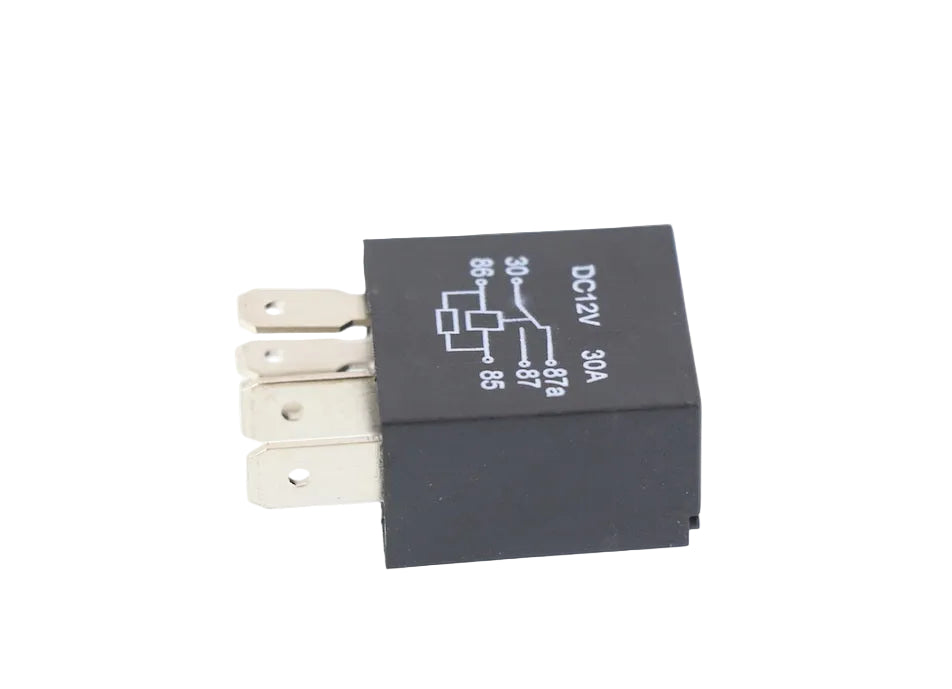 Advance Truck Parts USA 5-pin 30A relay showing an angled studio perspective of the blade terminals and wiring diagram printed on the black housing on a branded background