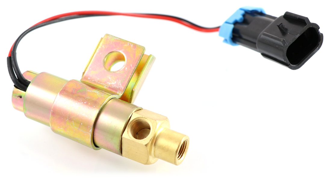 Advance Truck Parts USA 5025-4 12V normally open fan clutch solenoid valve showing a horizontal profile of the brass ported body, zinc-plated mounting bracket, and wiring harness with a black connector on a plain white background