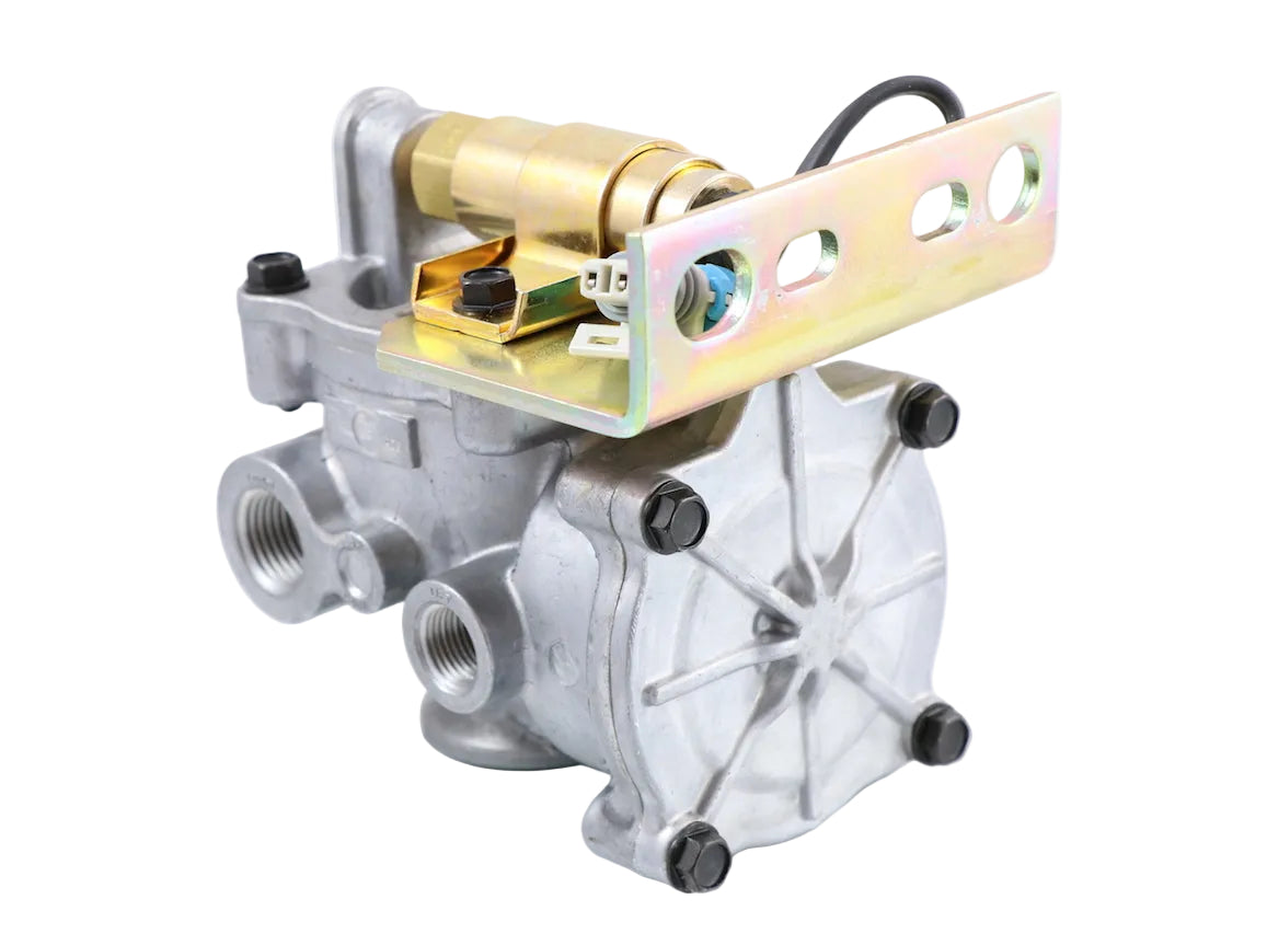 Advance Truck Parts USA 5040-311-01C Freightliner and Paccar lift axle control valve with normally close solenoid, cast aluminum body, and mounting bracket on a plain background
