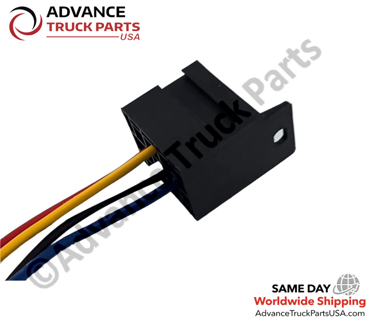 Advance Truck Parts USA 70A 80A relay socket showing a side studio perspective of the mounting flange and wire leads on a branded background