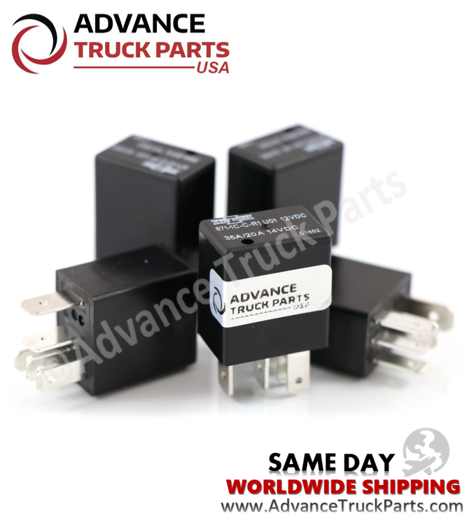 Advance Truck Parts USA branded studio group view showcasing multiple 5-terminal 12V micro relays designed for heavy-duty automotive applications