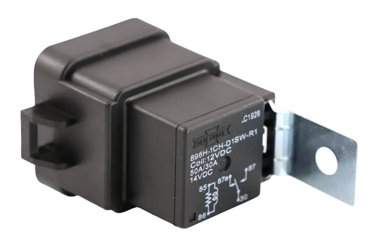 Advance Truck Parts USA 896H-1CH-D1SW-R1-12VDC ISO 280 micro relay manufactured by Song Chuan featuring a steel bracket, weather-proof dust cover, and 12VDC coil rating on a plain background