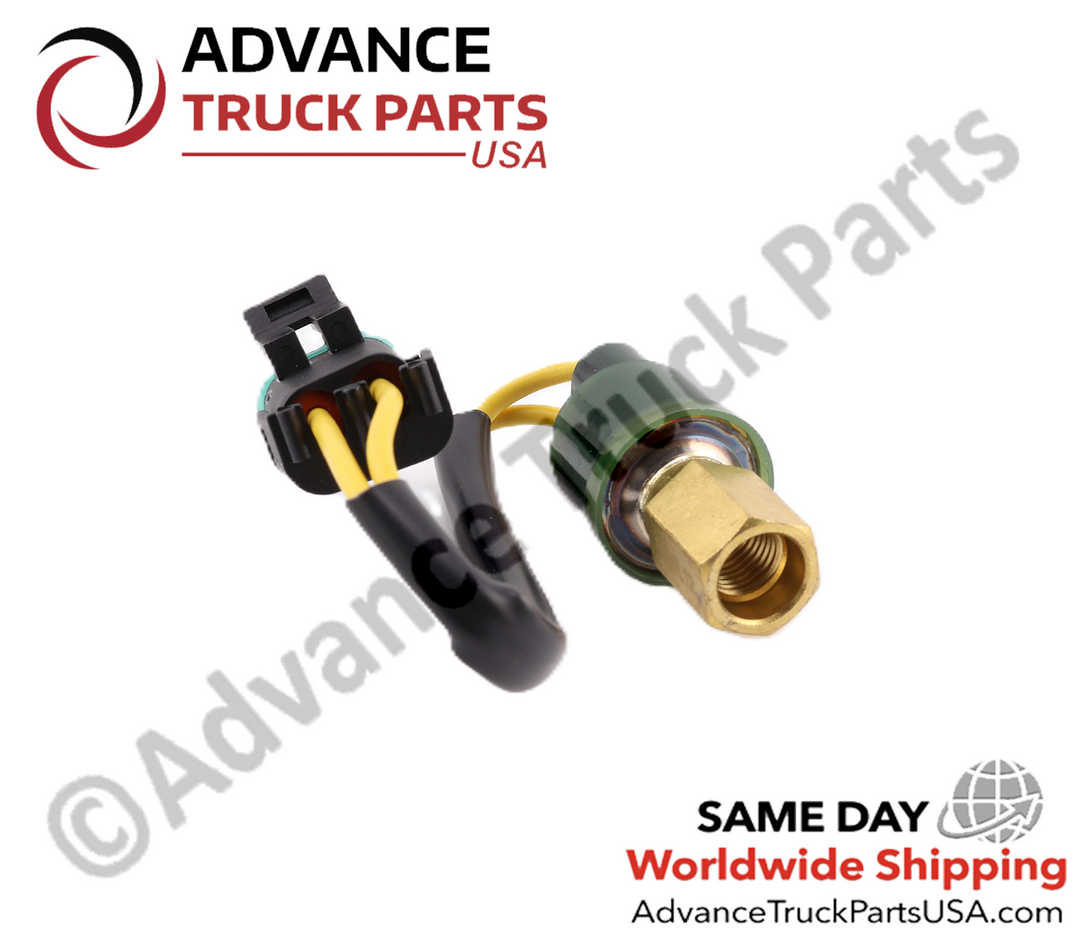 Advance Truck Parts USA high-pressure A/C switch for Freightliner A22-45194-001. Features a 2-pin harness connector, brass female M10 x 1.25 metric thread fitting, and a 300 PSI open / 250 PSI close rating
