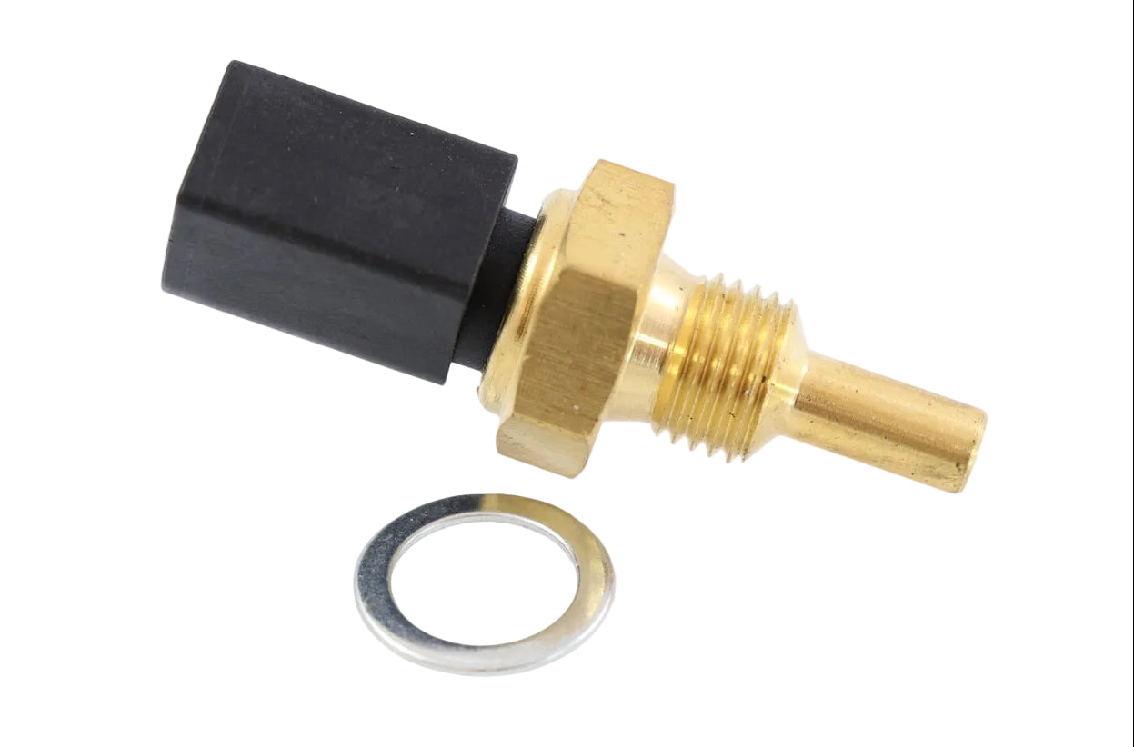 Advance Truck Parts USA A0041534228 oil and water temperature sensor for Detroit Diesel DD15 engines showing an angled profile of the threaded brass M14 x 1.5 body, hex mounting nut, and black 2-pin electrical connector beside a metal sealing washer on a plain white background