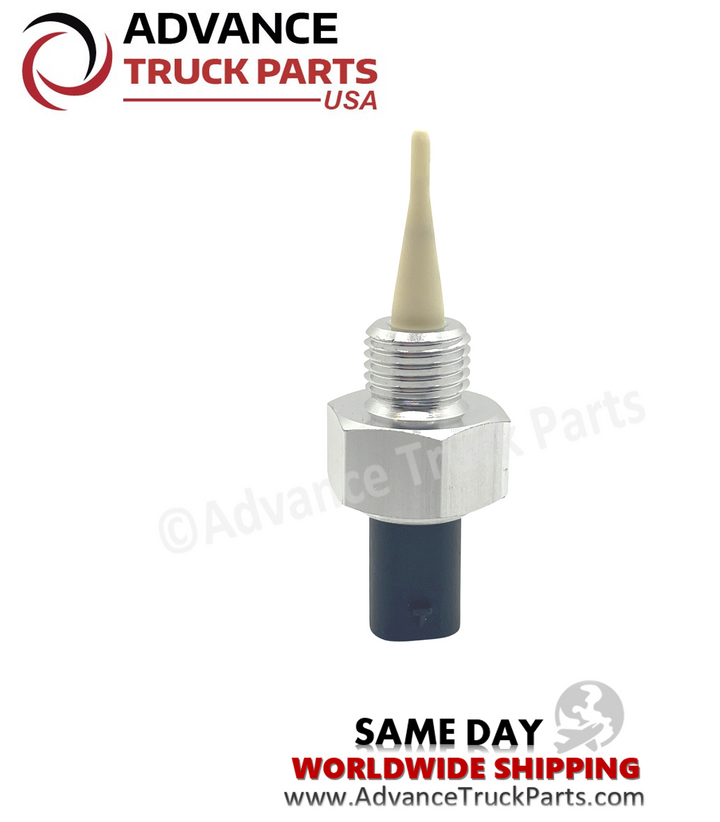 Advance Truck Parts USA branded studio vertical perspective highlighting the upright orientation of the DD15 engine temperature sensor showing the threaded fitting and top probe element