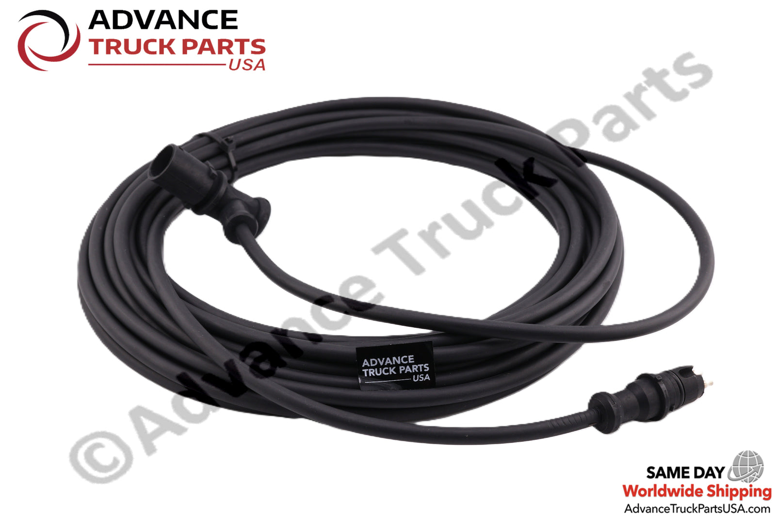 Advance Truck Parts USA Coiled 21.3-foot heavy-duty ABS sensor extension cable showing brand tag 