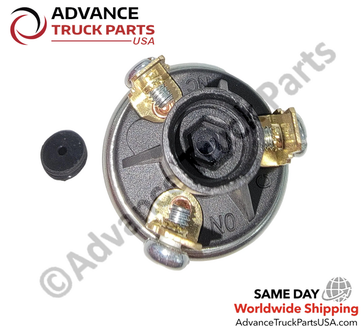 Advance Truck Parts USA air brake pressure switch showing a top-down studio perspective of the NO and NC terminal markings alongside a rubber cap on a branded background