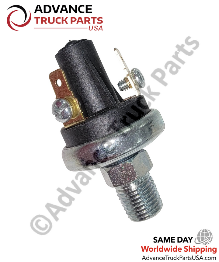 Advance Truck Parts USA air brake pressure switch displaying an angled side profile studio view on a branded background