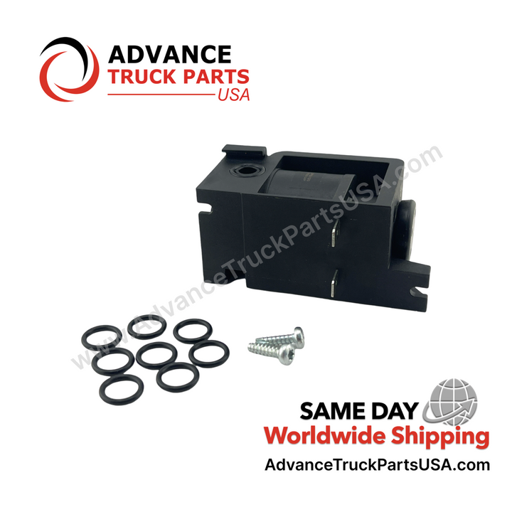 Advance Truck Parts USA branded studio angled back perspective highlighting the two metal push terminal connections and mounting base on the black plastic body of the 12V DC air suspension dump control valve