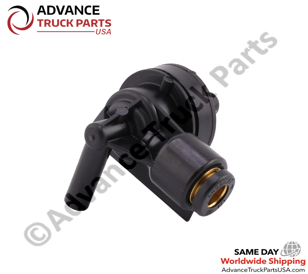 Advance Truck Parts USA branded studio angled top perspective highlighting the precision-machined brass-lined port and robust black plastic construction of the air brake system shuttle valve