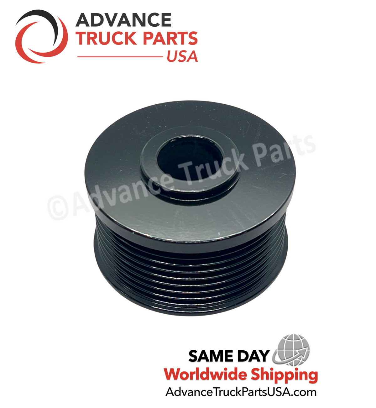 Advance Truck Parts alternator pulley displaying a top-down studio perspective of the grooved outer rim and central hub 