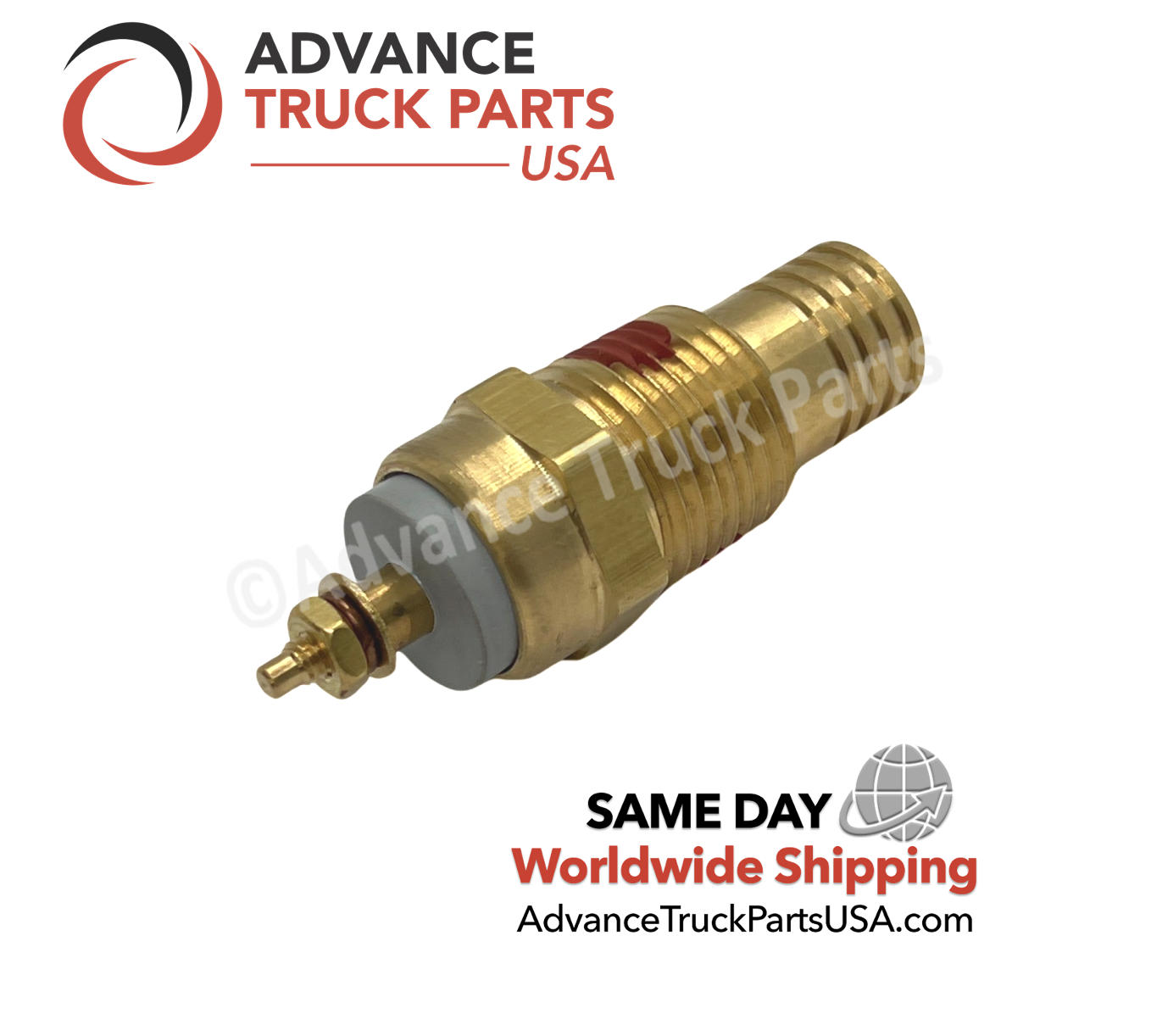 Advance Truck Parts USA branded studio angled view showcasing the threaded brass housing and terminal nut of the sensor