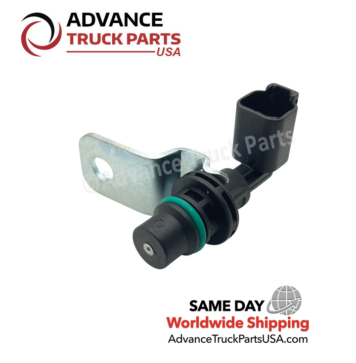 Advance Truck Parts USA branded studio perspective displaying the replacement camshaft position sensor highlighting the green O-ring seal and mounting plate