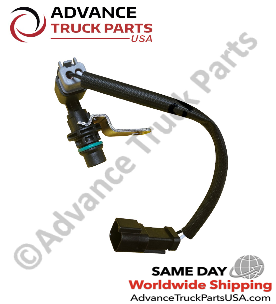 Advance Truck Parts USA Caterpillar speed sensor displaying an angled studio view of the sensor assembly and protected wire harness