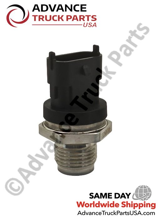 Advance Truck Parts USA CNH fuel pressure sensor showing a vertical studio perspective of the sensor assembly on a branded background