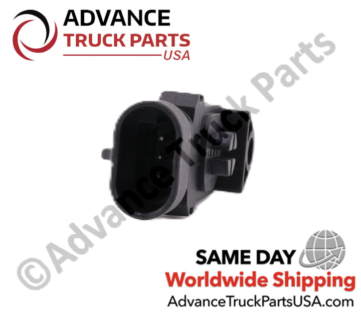 Advance Truck Parts USA branded studio angled perspective highlighting the black plastic body, oval connector base, and locking tab of the heavy-duty ambient air temperature sensor