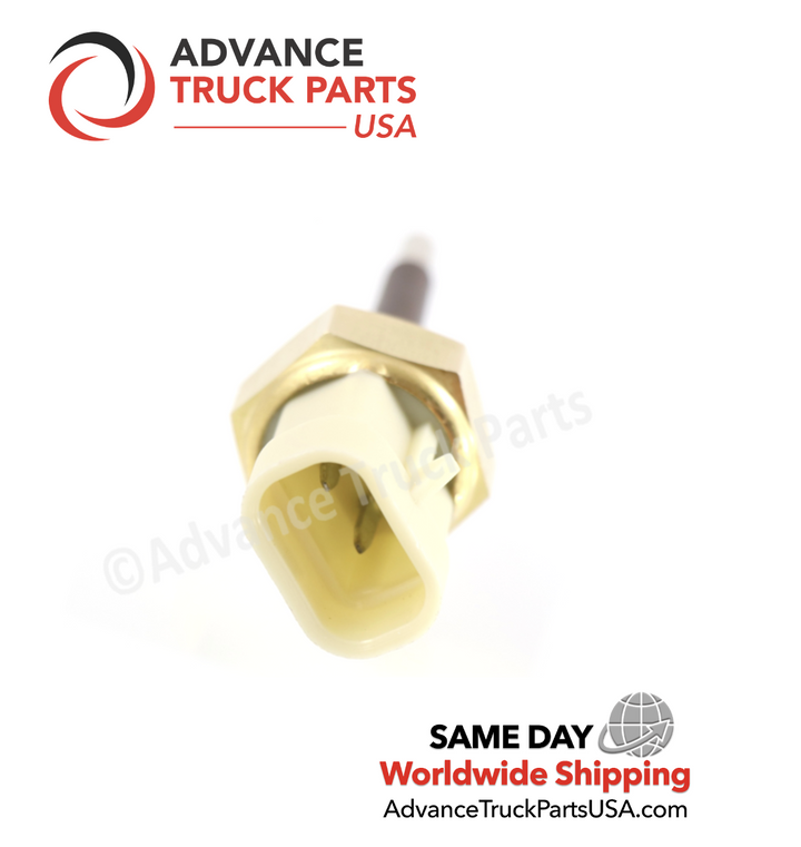 Advance Truck Parts USA branded studio top perspective showing the internal connector pins of the heavy-duty low coolant sender sensor for Freightliner