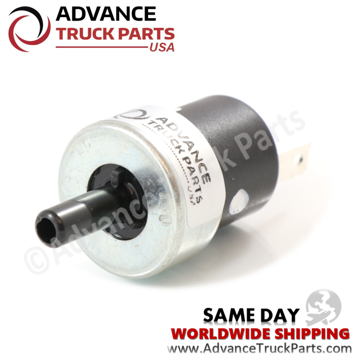 Advance Truck Parts USA branded studio angled top down perspective looking into the 1/4 inch OD air line port of the heavy-duty pressure switch