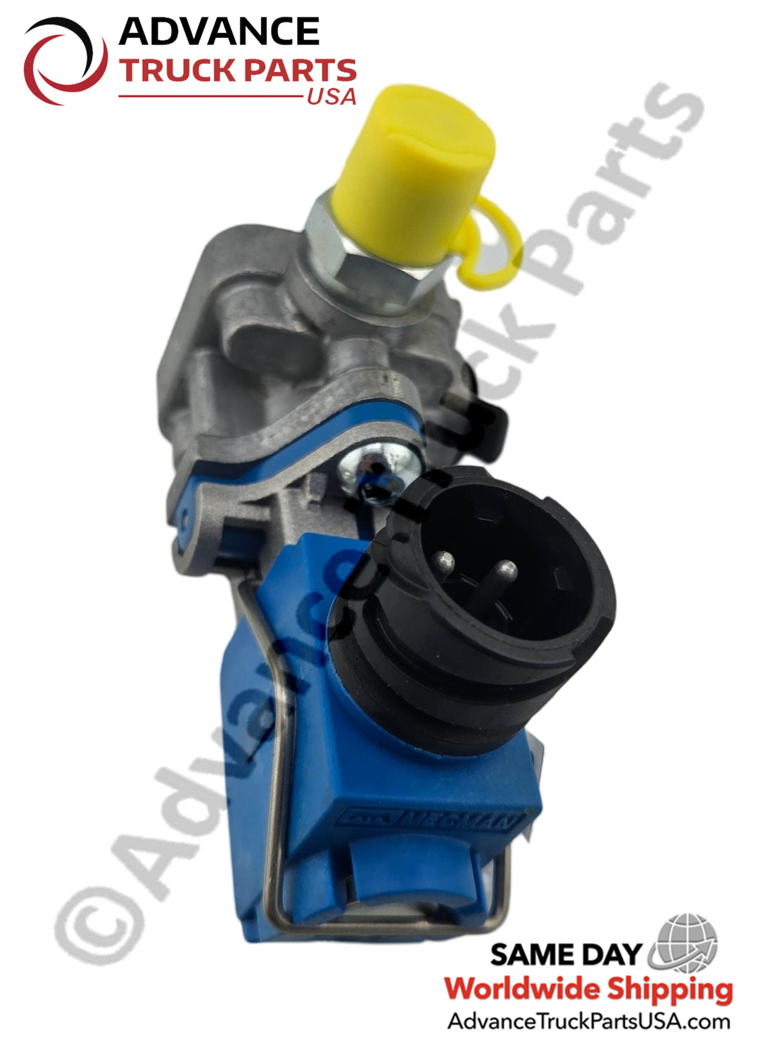 Advance Truck Parts USA control valve highlighting the electrical connector terminal pins and blue solenoid housing orientation