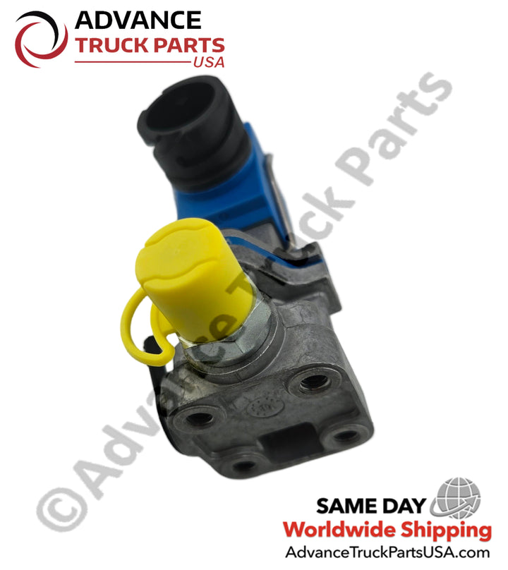 Advance Truck Parts USA control valve showing the mounting base flange profile and yellow protective cap perspective