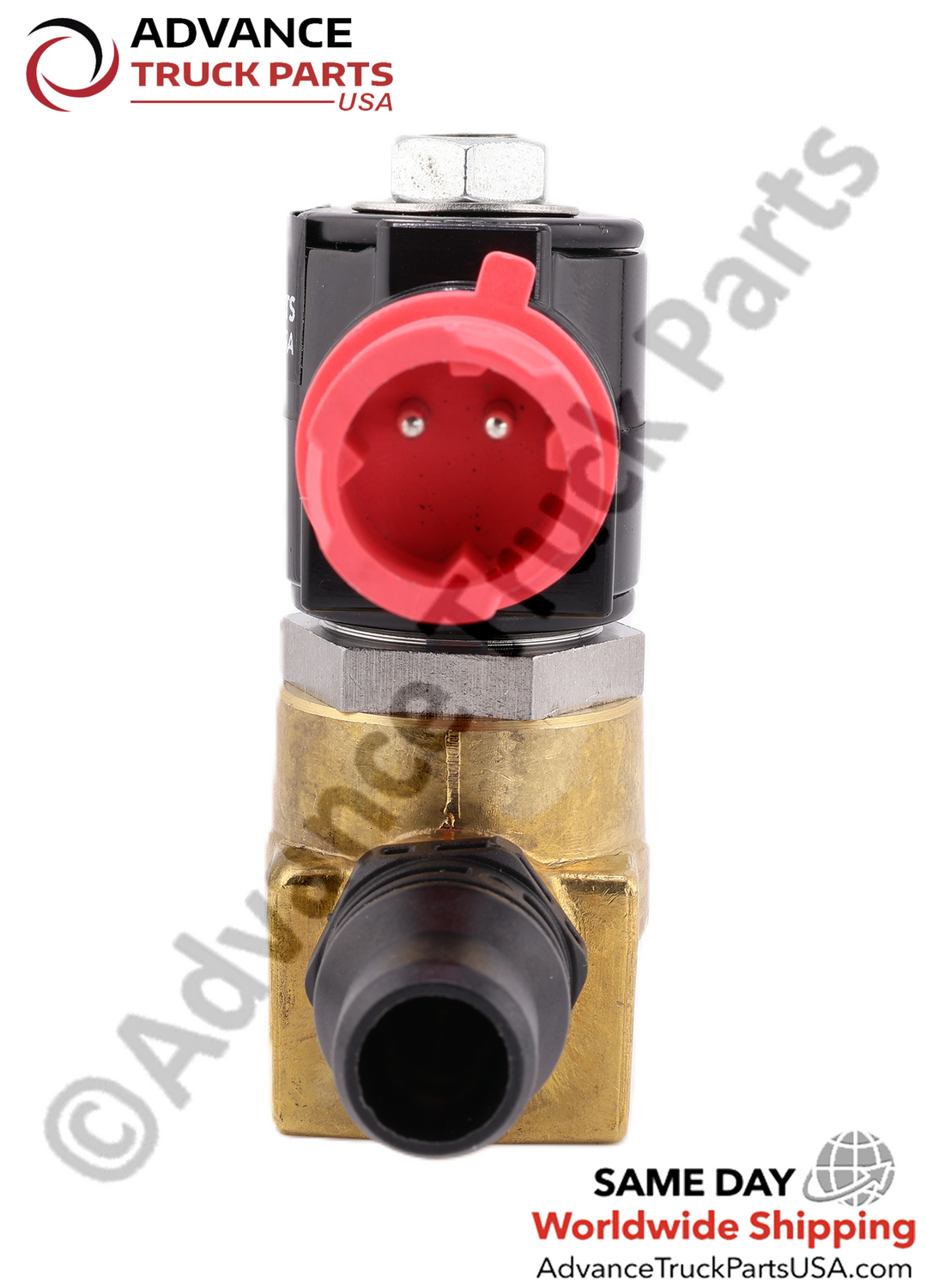 Advance Truck Parts USA branded studio front perspective highlighting the two-pin red electrical connector socket and black solenoid coil mounted on the brass coolant valve body