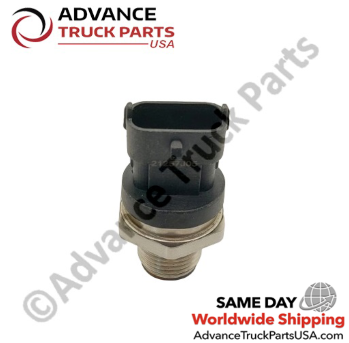 Advance Truck Parts USA branded studio vertical perspective showcasing the heavy-duty fuel rail pressure sensor highlighting the black plastic connector housing, central metal collar, and threaded base for Cummins diesel engines