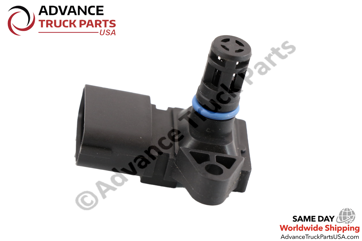 Advance Truck Parts USA branded studio angled perspective showcasing the heavy-duty air pressure and temperature sensor highlighting the slotted sensing probe, blue weather seal, mounting bracket, and connection socket for Cummins diesel engines