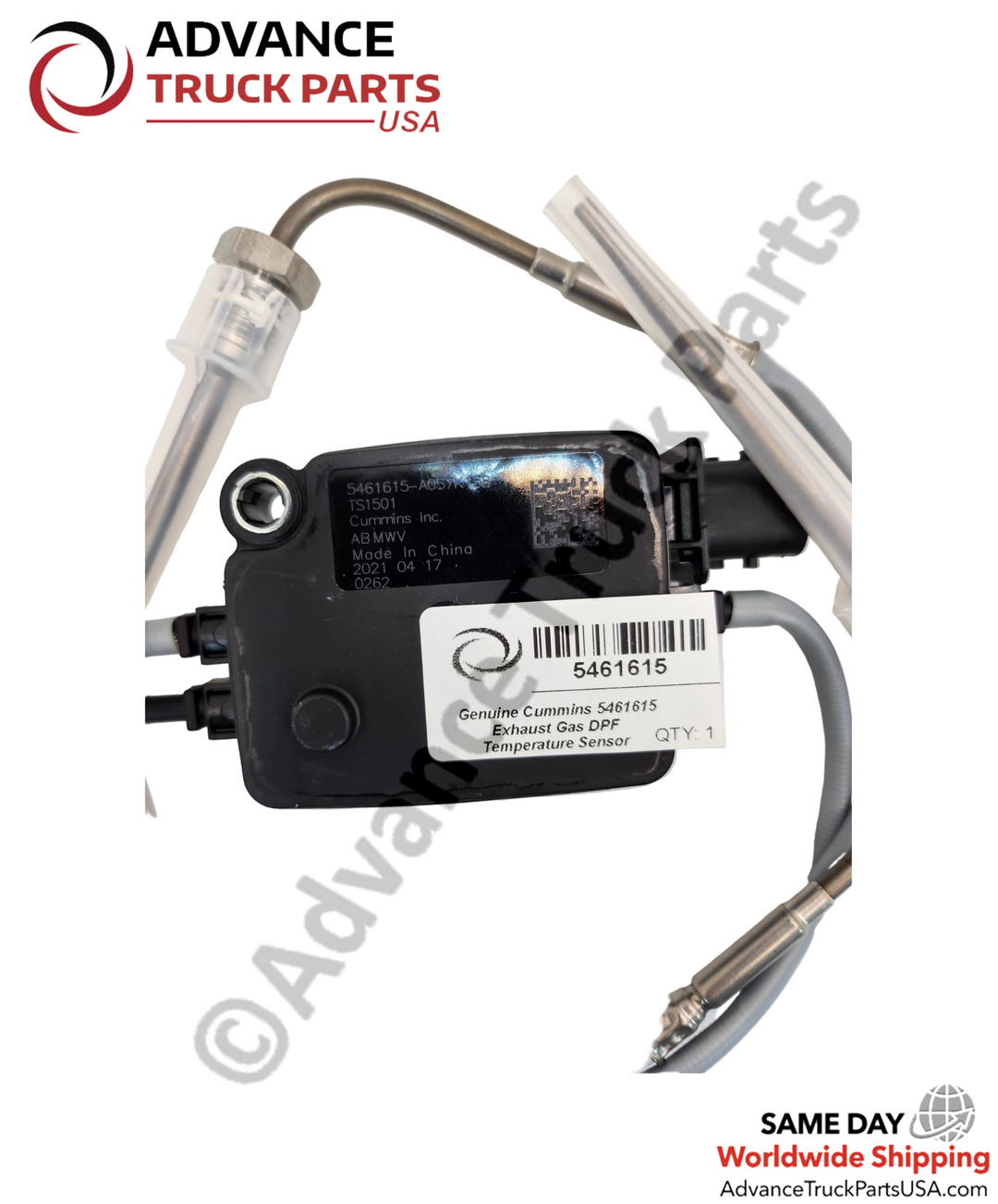 Advance Truck Parts USA Close-up view of Cummins DPF temperature sensor control module displaying barcode identification label, stamped housing specs, and wire routing ports