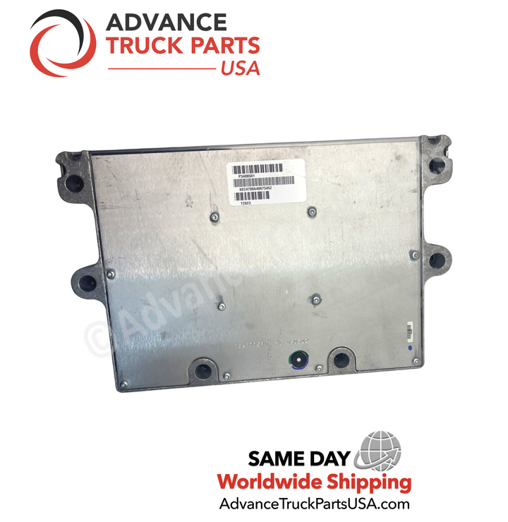 Advance Truck Parts USA new genuine Cummins electronic control module showing the back panel label containing part number and barcode specifications
