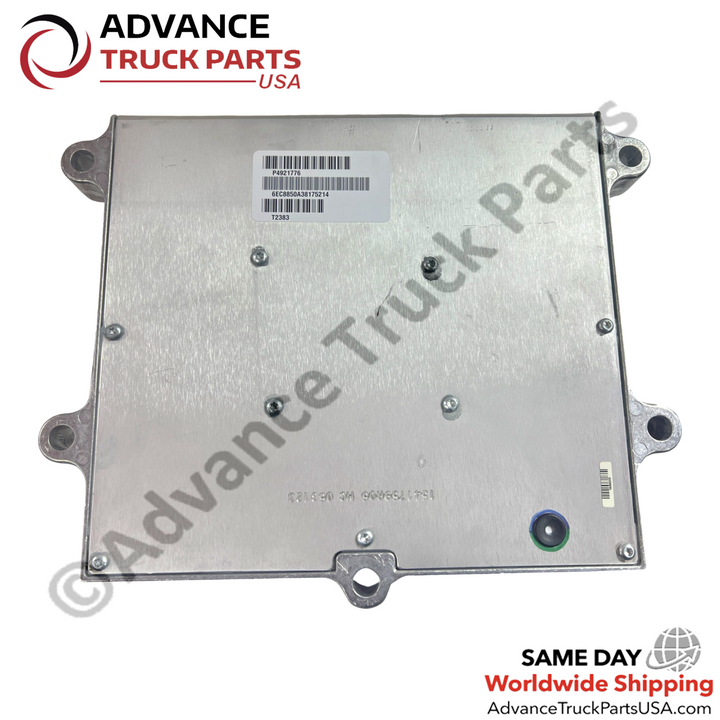 Advance Truck Parts USA Genuine Cummins electronic control module underside backplate featuring identification barcode sticker and secure assembly fastener screws