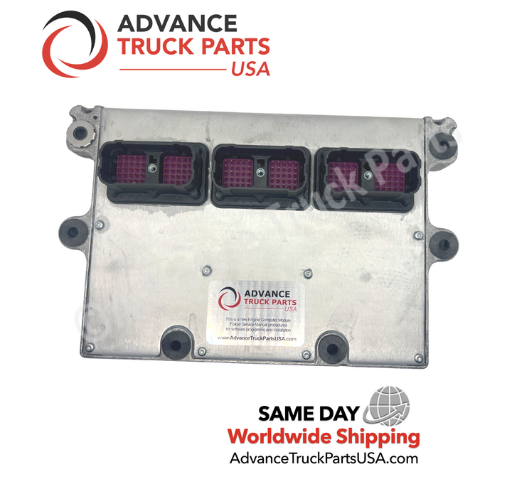 Advance Truck Parts USA new genuine Cummins electronic control module displaying a close-up studio view focusing on the three multi-pin connector housings