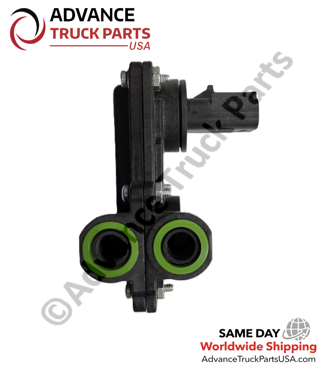 Advance Truck Parts USA Cummins EGR gas differential pressure sensor highlighting the dual inlet ports equipped with green sealing rings