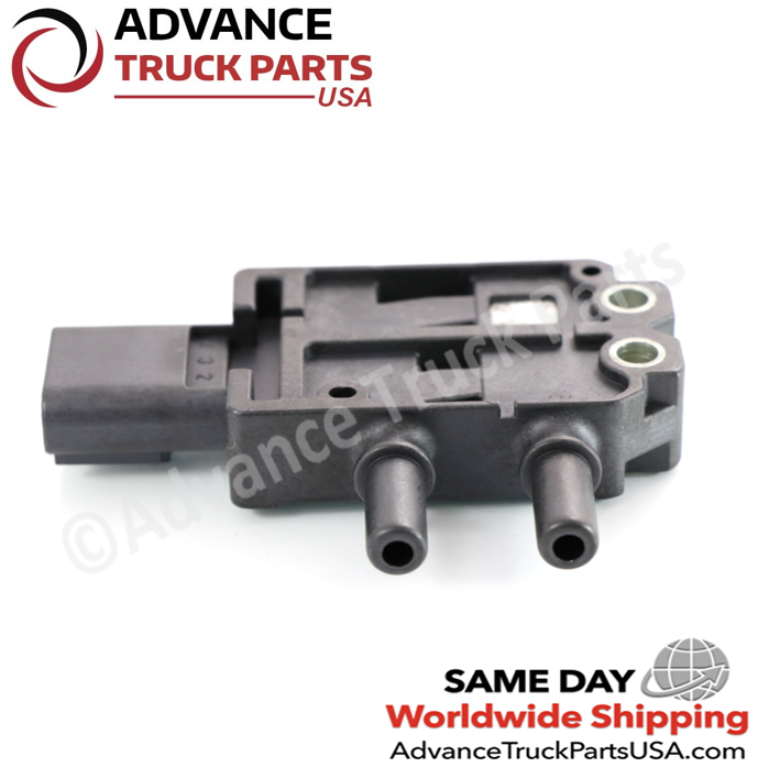 Advance Truck Parts USA branded studio rear perspective displaying the replacement DPF pressure sensor highlighting the ribbed black plastic base, dual pneumatic ports, and metal-reinforced mounting holes