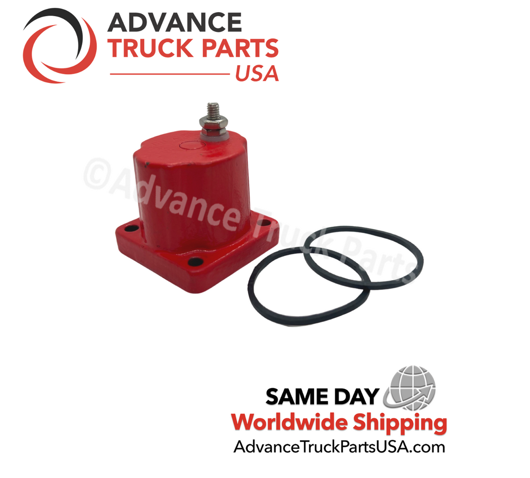 Advance Truck Parts USA Cummins fuel shut off solenoid valve displaying a horizontal studio profile highlighting the square mounting base on a branded background