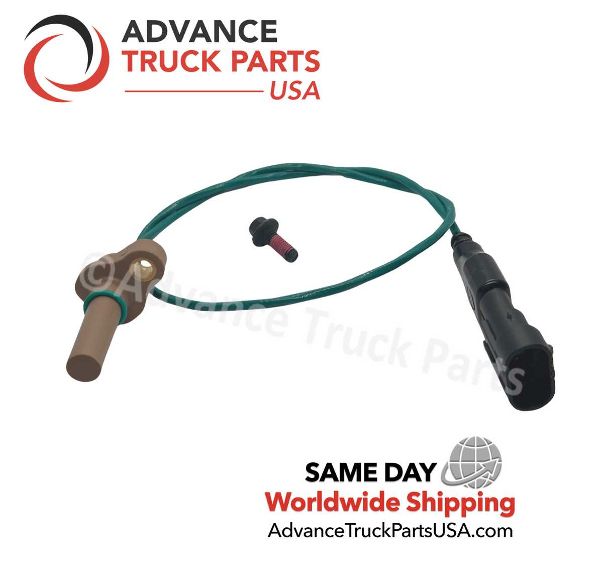 Advance Truck Parts USA Cummins ISX turbocharger speed sensor kit displaying an angled studio perspective of the complete sensor assembly and hardware 