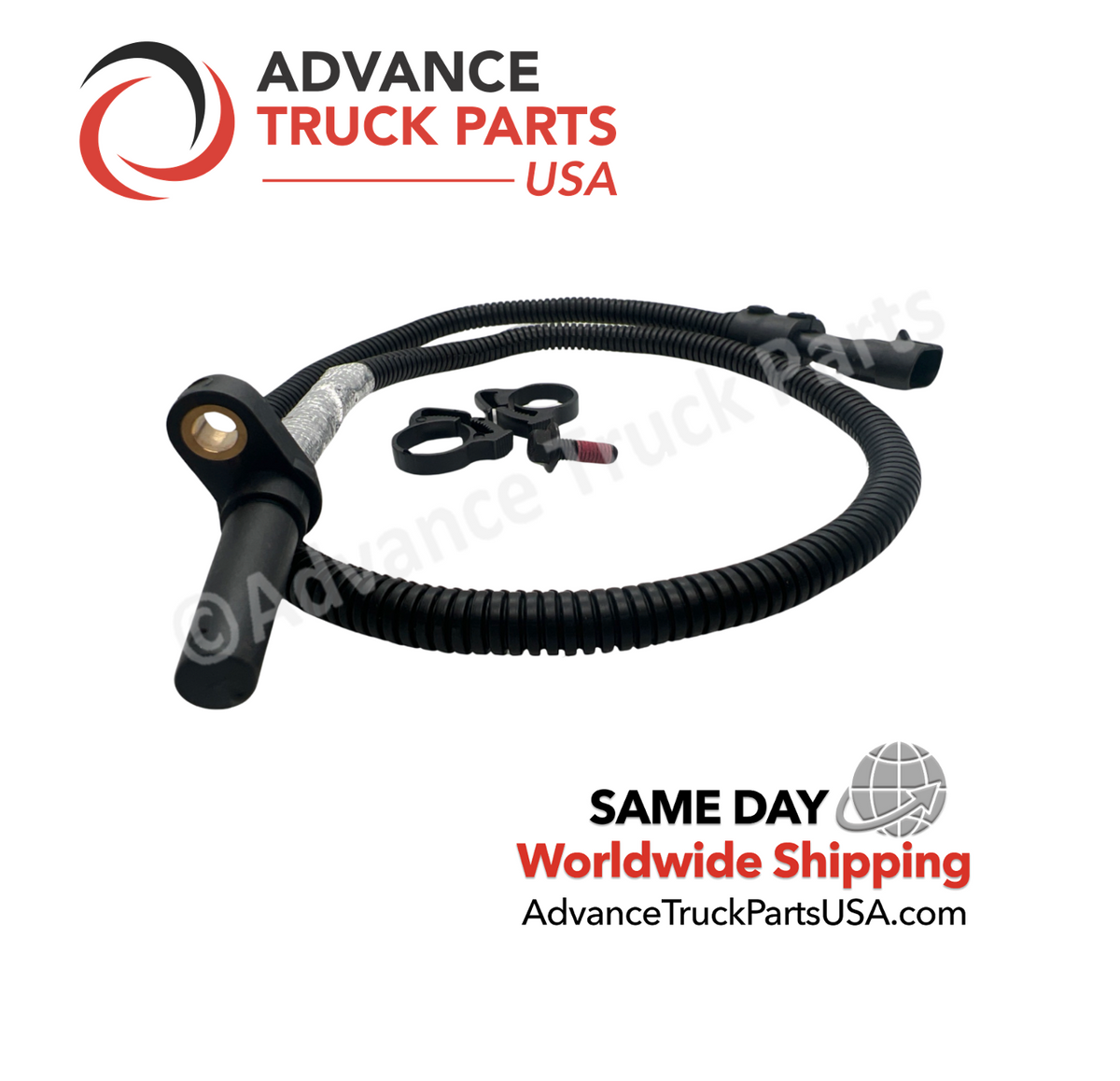 Advance Truck Parts USA Cummins ISX turbo speed sensor kit displaying an overhead studio layout of the coiled harness and hardware 
