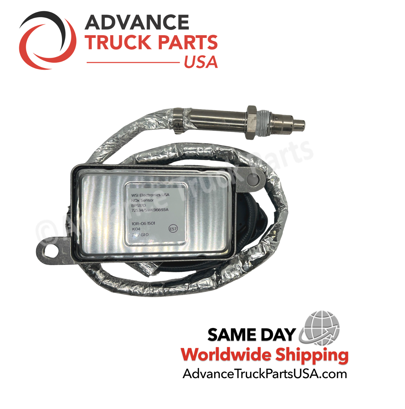 Advance Truck Parts USA Cummins NOx sensor displaying a studio view of the control module label housing and bracket