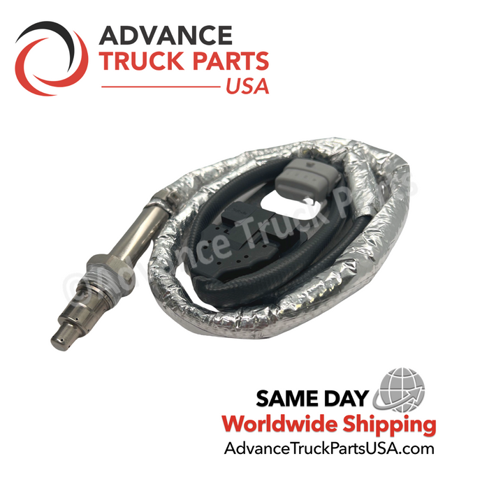 Advance Truck Parts USA Cummins NOx sensor showing the threaded probe tip and insulated cable assembly